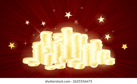 Stack of gold coins on a red background. Concept of winning, casino, lottery. Gold coin shines, stacks of money and piles of gold. Vector graphics.