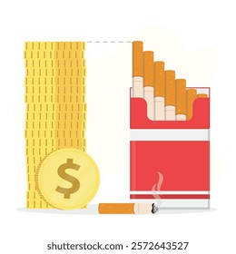 Stack of gold coins and an open pack of cigarettes. High cost of cigarettes and tobacco. Stop smoking, high prices discourage smoking and the spread of harmful nicotine. flat vector illustration