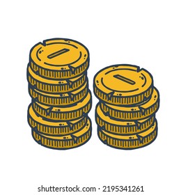 Stack of gold coins. Outline cartoon Icon of money and treasure. Concept of earnings and wealth.