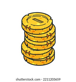 Stapel von Goldmünzen. Umriss Cartoon Symbol des Geldes und Schatz. Konzept von Verdienst und Vermögen.