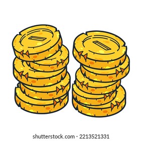 Stack of gold coins. Outline cartoon Icon of money and treasure. Concept of earnings and wealth.