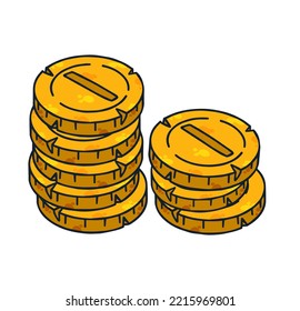 Pila de monedas de oro. Dibujo de esquema Icono del dinero y el tesoro. Concepto de ingresos y riqueza.