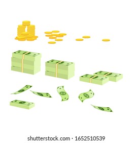 A stack of gold coins, packing in bundles of bank notes, flying dollars on a white background .Vector illustration in cartoon style.