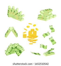 A stack of gold coins, packing in bundles of bank notes, flying dollars on a white background .Vector illustration in cartoon style.