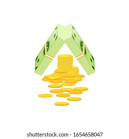 Un montón de monedas de oro, empacando en paquetes de billetes, volando dólares en un fondo blanco. Ilustración vectorial en estilo caricatura.
