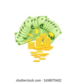 A stack of gold coins, packing in bundles of bank notes, flying dollars on a white background .Vector illustration in cartoon style.