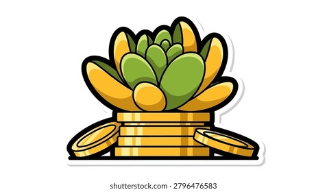 Stack of gold coins with plant
