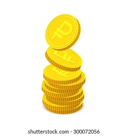 Stack from gold coins with Russian ruble sign. Coins are falling from the top, so stack is increasing. Income concept