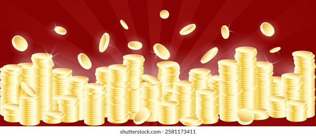 Stack of gold coins. Gold shine, coins movement. Heap of money representing business and financial concepts, winning, casino, treasure. Vector illustration