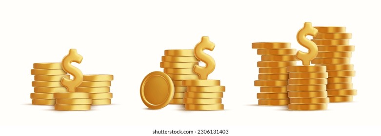 Stack of gold coins. Shiny golden coins in three stacks with another falling down. Finance, investment and savings. Dollar treasure with money cash isolated on white background. Vector illustration