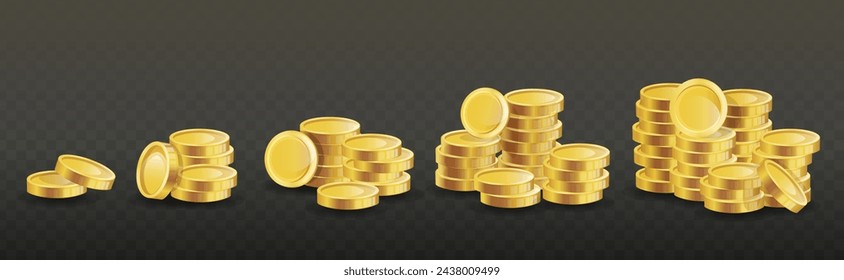 Stack of gold coins. Shiny golden coins in five stacks with another falling down. Finance, investment and savings concept. 3D Money cash bank finance isolated on black background. Vector illustration