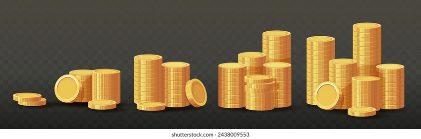 Pila de monedas de oro. Monedas de oro brillantes en cinco pilas con otra cayendo. Concepto de finanzas, inversión y ahorro. 3D Dinero efectivo banco de financiación aislado sobre fondo negro. Ilustración de vector