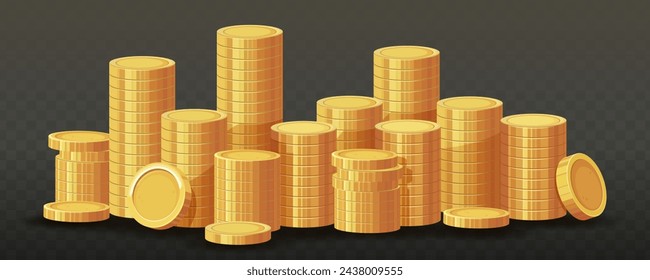 Stack of gold coins. Shiny golden coins in stacks with another falling down. Finance, investment and savings concept. 3D Money cash bank finance isolated on black background. Vector illustration