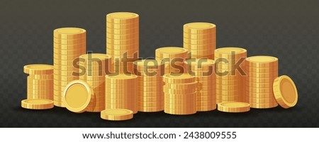 Stack of gold coins. Shiny golden coins in stacks with another falling down. Finance, investment and savings concept. 3D Money cash bank finance isolated on black background. Vector illustration