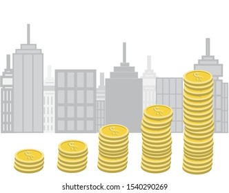 Stack of gold coins with skyscraper buildings behind. Isolated on white background. Vector Illustration. Idea for saving money / growth profit in financial investment.
