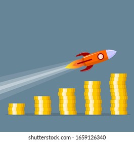 Stack of gold coins and space rocket ship. Golden coin with dollar sign. Growth, income, savings, investment. Symbol of wealth. Business success.