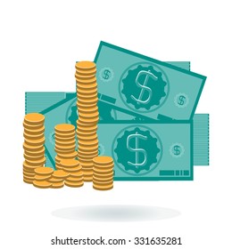 Stack of gold coins, stacks of dollars, paper money