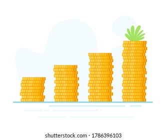 The stack of gold coins that are stepped up to the intended target. Saving money and making money grow concept. Financial growth concept with golden coins. income graph. Modern vector illustration.