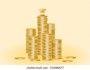Stack of gold coins with the trophy cup. The trophy is standing on coins. Vector illustration