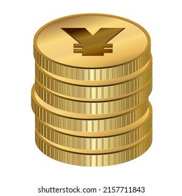 Stack of gold coins with Yuan Yen sign. The coins in the pile look scattered. Income concept