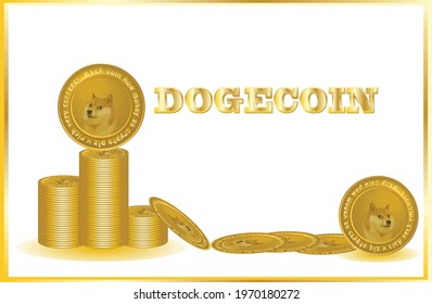 Stack of gold, dogecoin, crypto currency with golden frame. Vector illustration for card, party, design, flyer, poster, decor, banner, web, advertising.