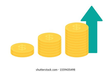 Stack of gold dollar coins with green upward pointing arrow. Business growth concept. Flat design vector illustration.