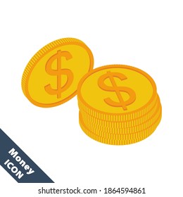 A stack of gold dollar coins. Vector 3d illustration in flat style. Isolated on a white background.