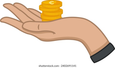Pila de monedas en euros de oro en la palma. Ilustración vectorial del dinero. Bonos y beneficios financieros, devolución, ayuda, donaciones y concepto de caridad