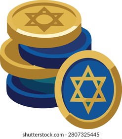 Stack of gold Hanukkah gelt coins with Star of David emblem