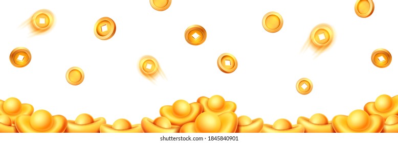 Stack of gold ingots, falling and flying coins with holes isolated on white background. Vector decorative elements for Chinese New Year CNY design. Talisman of wealth and prosperity in Feng Shui