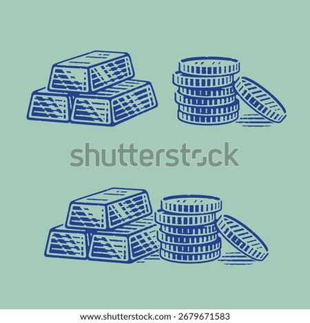 A stack of gold investment coins and gold bars. Vector illustration in engraving style.