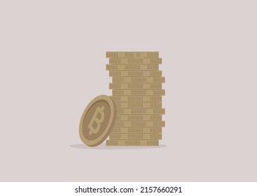 A stack of gold metal bitcoins, a banking service concept