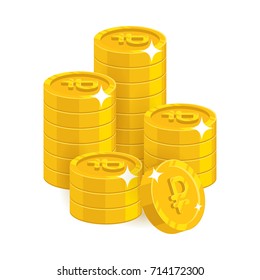 Stack gold rubles isolated cartoon. Bunches of gold rubles and ruble signs for designers and illustrators. Gold stacks of pieces in the form of a vector illustration