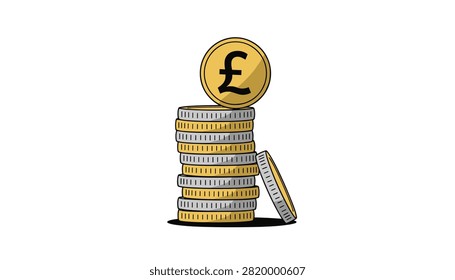 Stack of gold and silver British pound coins with one coin featuring a pound symbol on top and another leaning on the side.