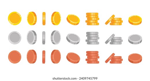 Stack of gold, silver and bronze coins at different heights, with tilted coins on the side, vector illustration isolated on white.