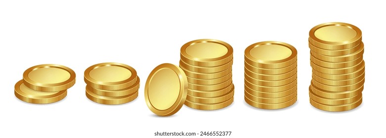 Stack of golden 3d coins. Realistic gold coin on white background. Vector 3d illustration