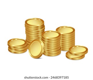 Stack of golden 3d coins. Realistic gold coin on white background. Vector 3d illustration