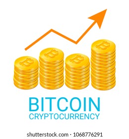 Stack of golden bitcoin coins. Crypto currency digital illustration. Virtual cash, web money, blockchain, online mining concept. Creative modern techno template