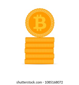 Stack of golden bitcoin coins. Golden finance cryptography currency, money and bit coin. Vector illustration