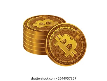 Pilha de moedas de bitcoin dourado isolado no fundo branco ilustra criptomoeda moderna