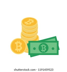 Stack of golden bitcoin and money bill cash icon vector illustration in flat style isolated on white background.