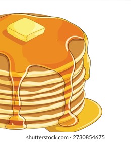 Stack of golden brown pancakes dripping with sweet syrup and topped with a square of yellow butter