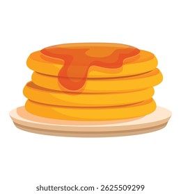 Stack of golden brown pancakes is sitting on a plate, drenched in sweet syrup