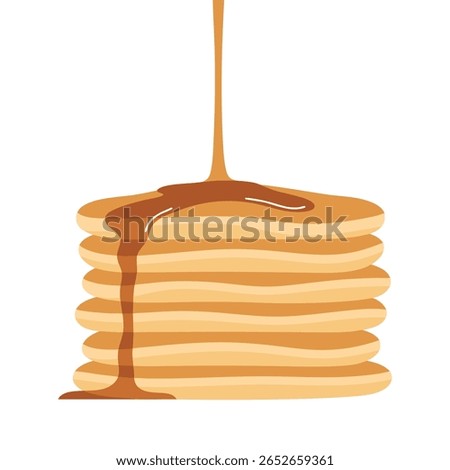 A stack of golden brown pancakes with syrup being poured over the top, creating a delicious and appetizing breakfast scene. Isolated on a white background.