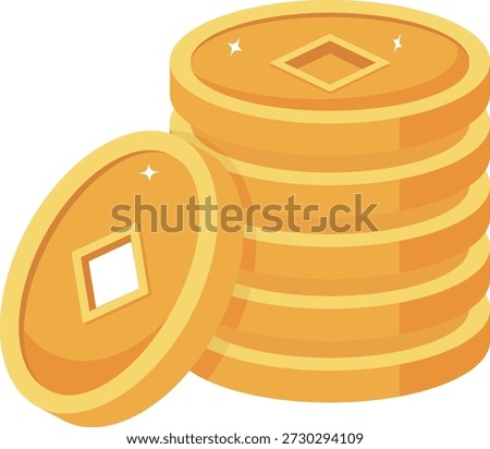 Stack of Golden Chinese Coins with Square Hole
