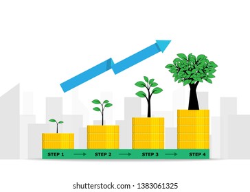 Stack of golden coin with growing trees. Money isolated on a white background. Vector illustration. Business concept