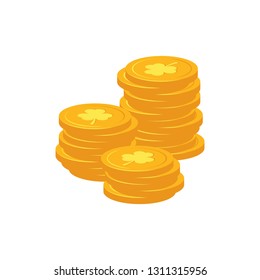 Stack of golden coins with clover sign - traditional symbol of St Patrick Day in flat style.