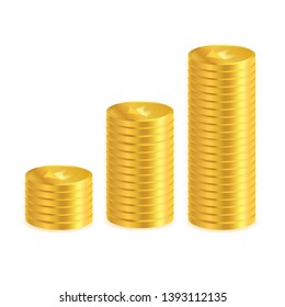 Stack of golden coins with crown symbol on white background.