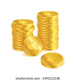 Stack of golden coins with crown symbol on white background.