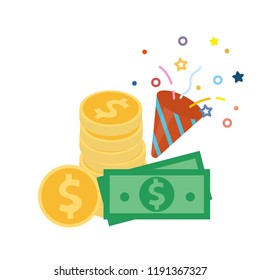 Stack of golden coins with dollar bill and confetti popper. Successful concept icon vector illustration in flat design isolated on white background